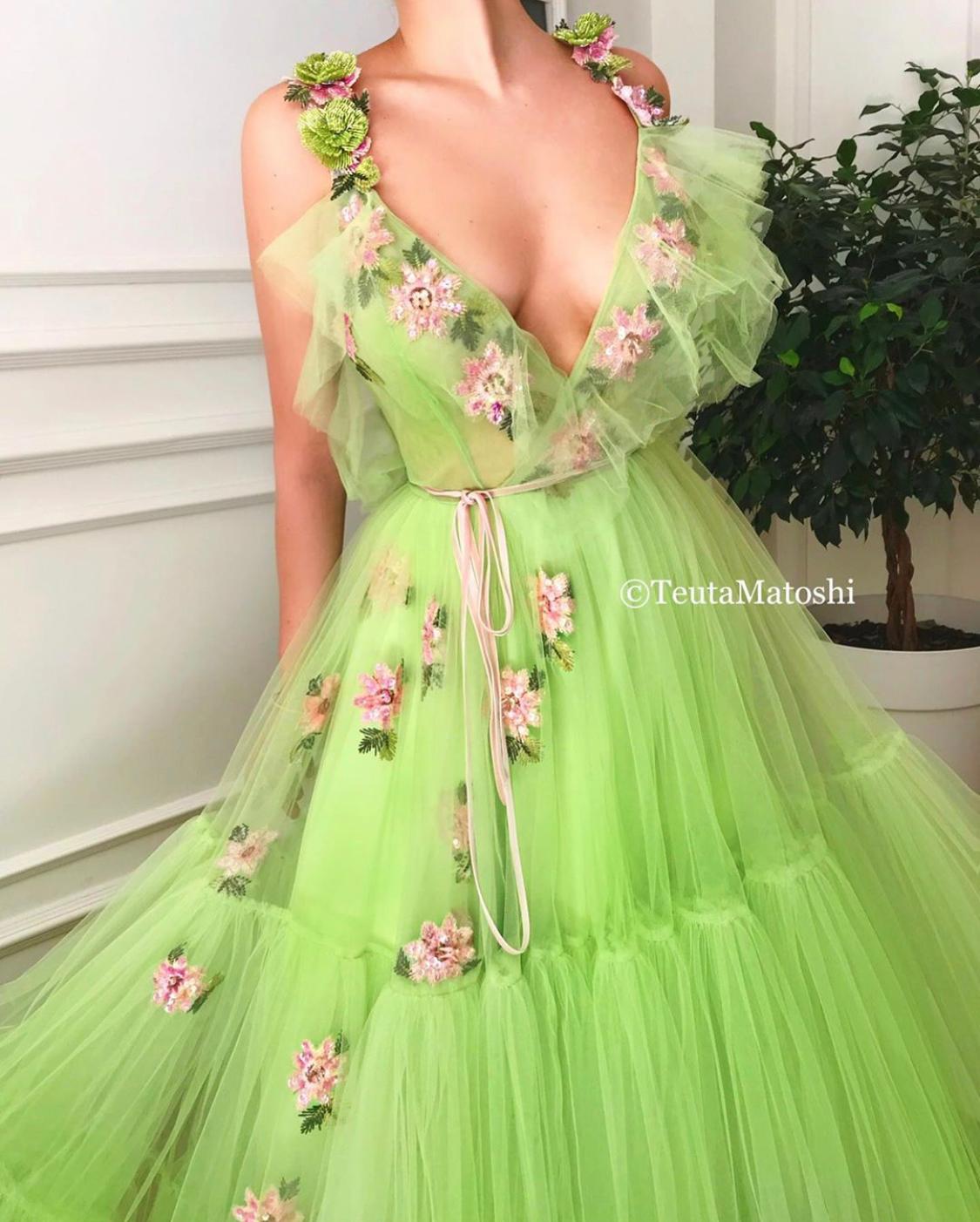 Green A-Line dress with v-neck, straps and embroidery
