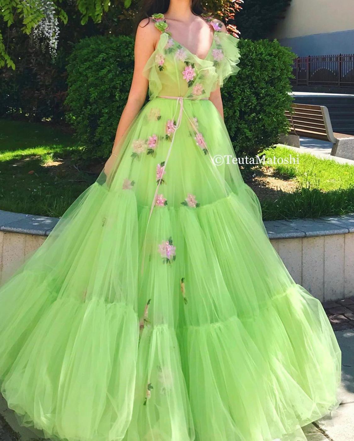 Green A-Line dress with v-neck, straps and embroidery
