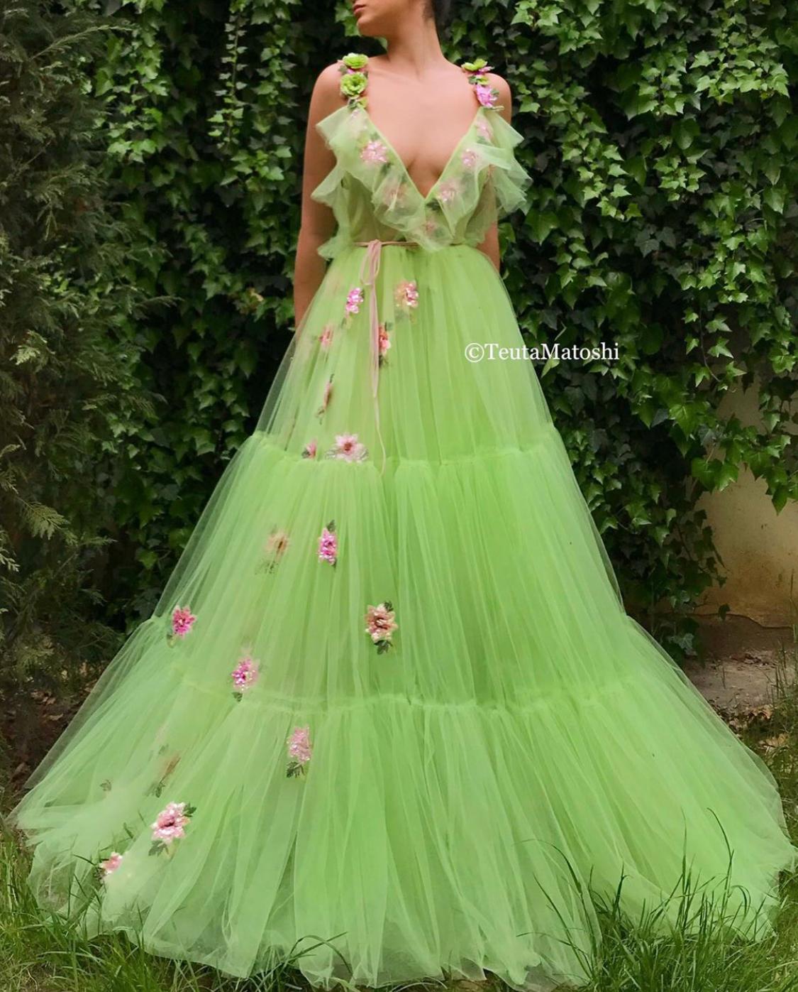 Green A-Line dress with v-neck, straps and embroidery