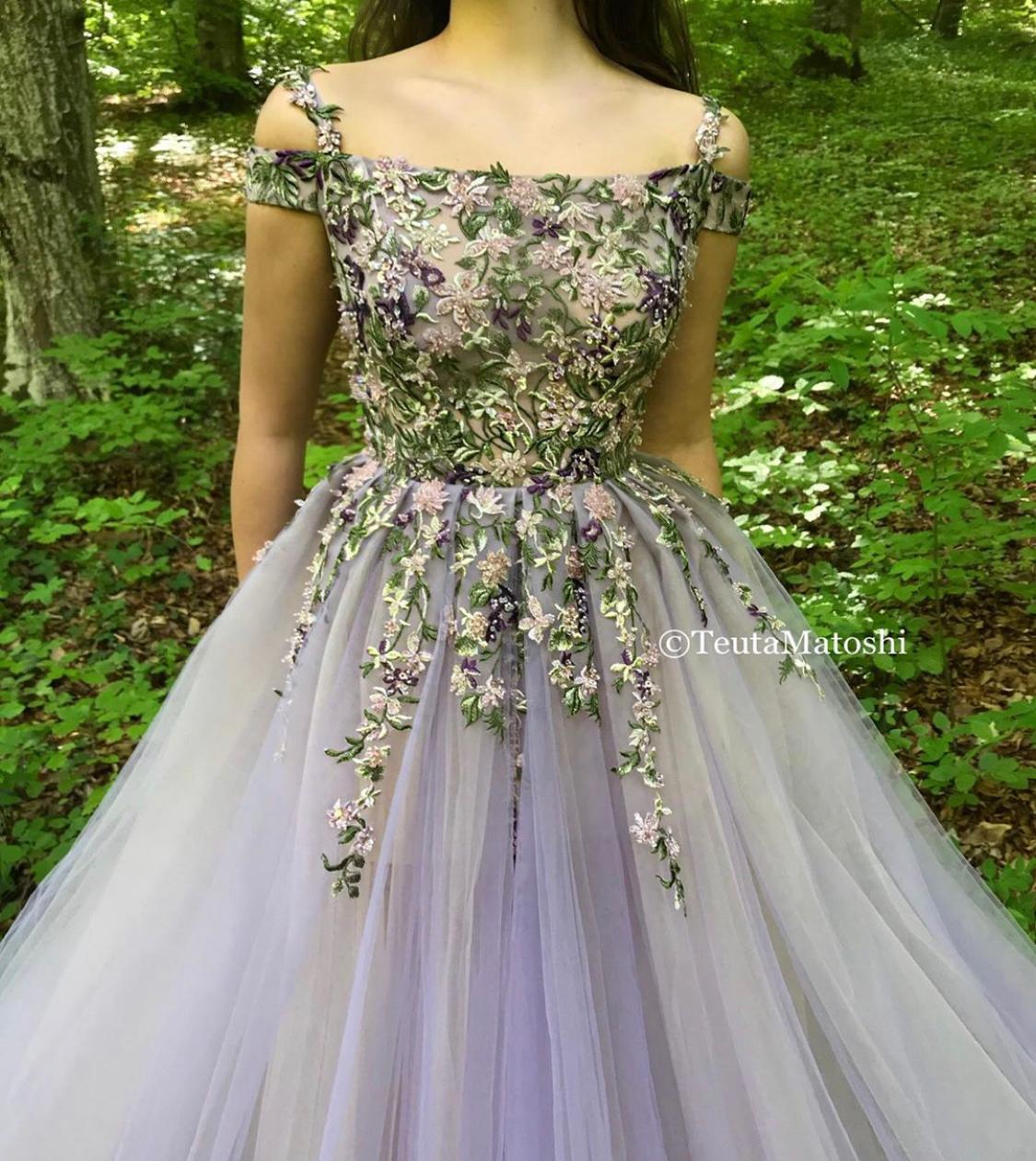 Purple A-Line dress with spaghetti straps, off the shoulder sleeves and embroidery