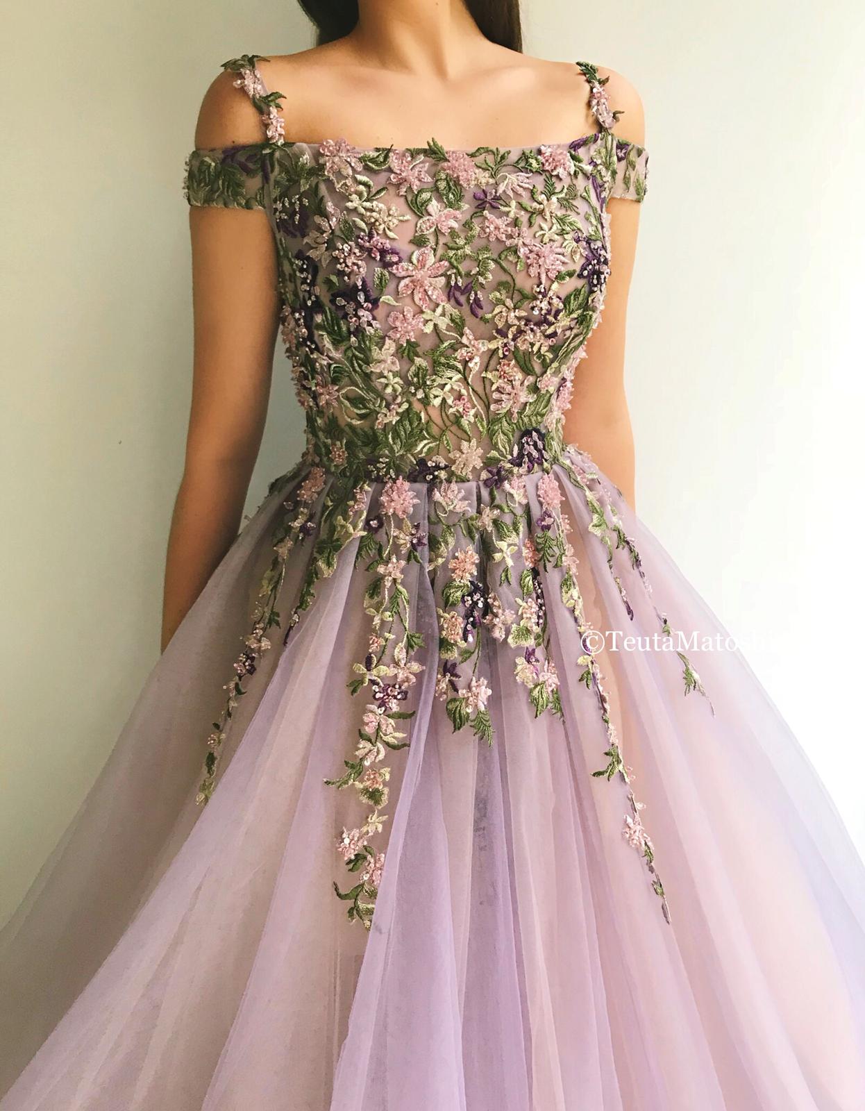 Purple A-Line dress with spaghetti straps, off the shoulder sleeves and embroidery