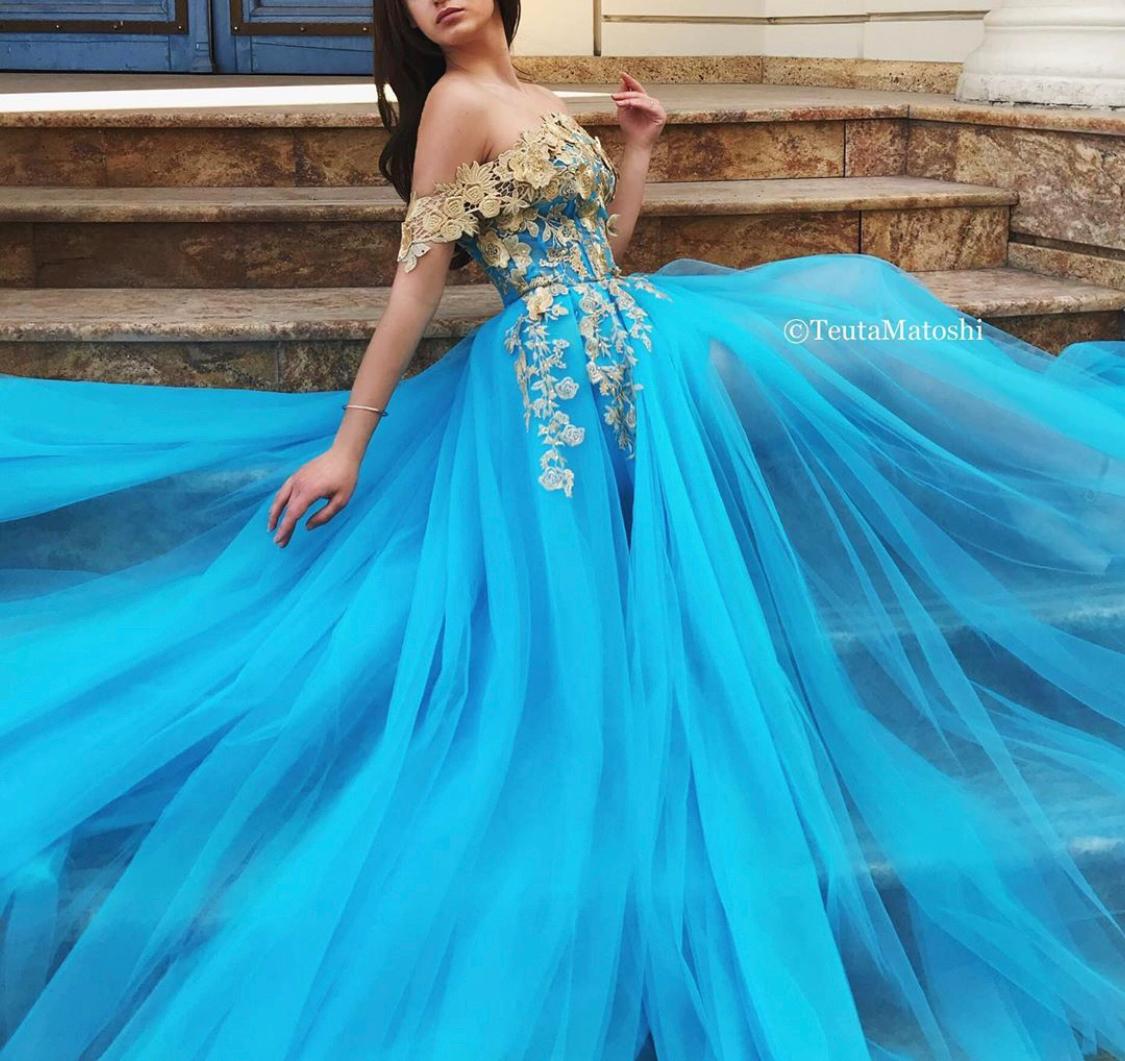 Blue A-Line dress with off the shoulder sleeves and embroidery
