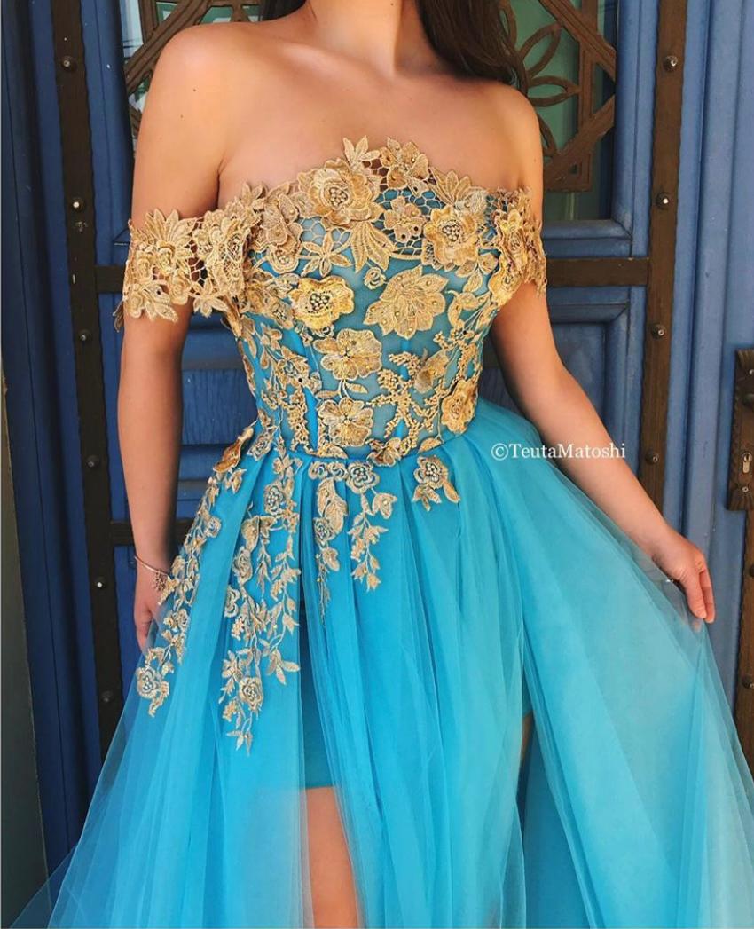 Blue A-Line dress with off the shoulder sleeves and embroidery