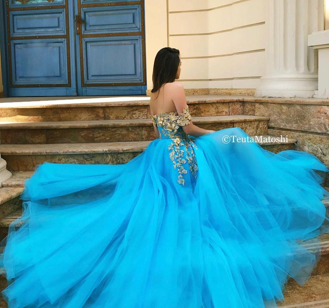 Blue A-Line dress with off the shoulder sleeves and embroidery