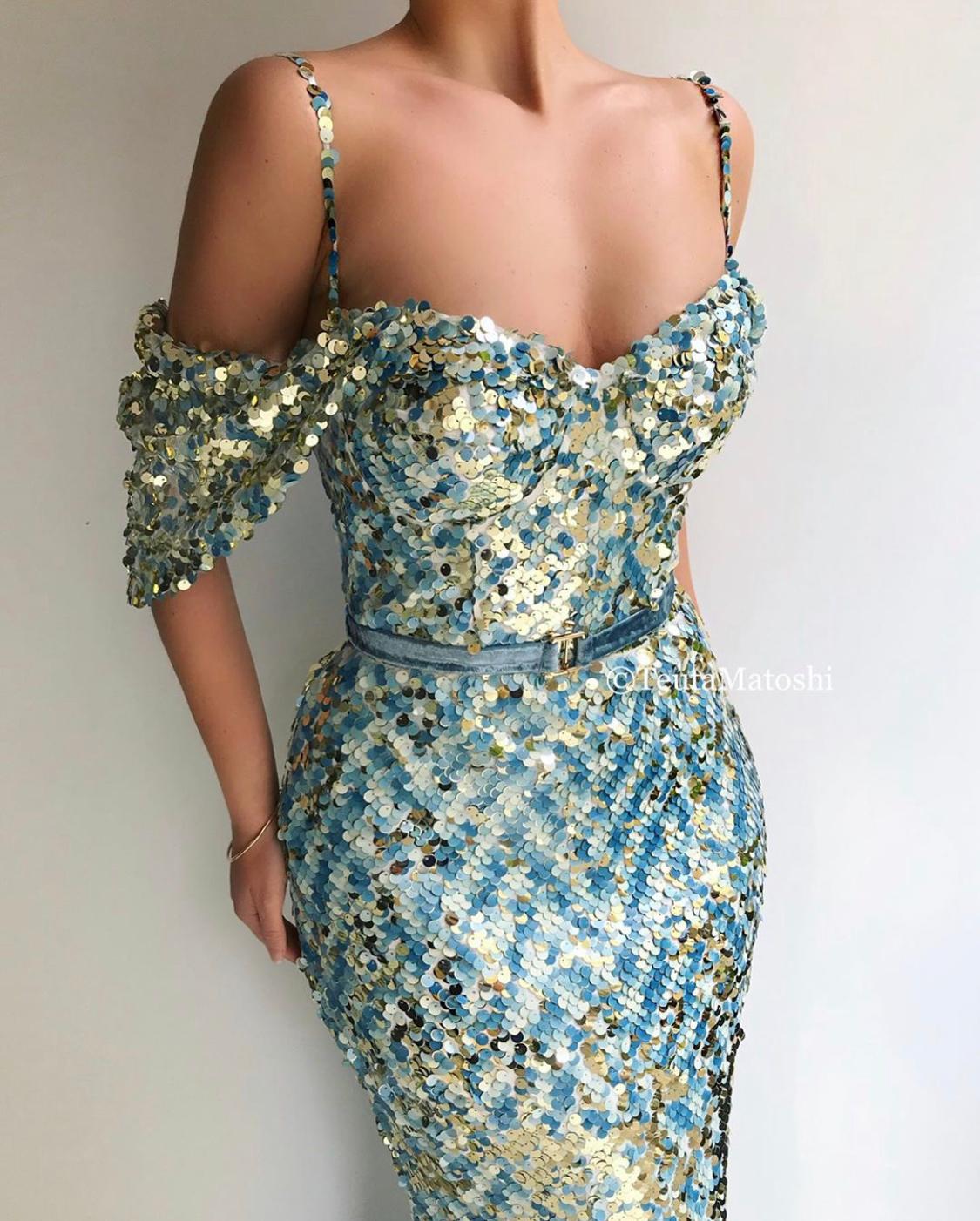 Blue mermaid dress with spaghetti straps, off the shoulder sleeves and sequins