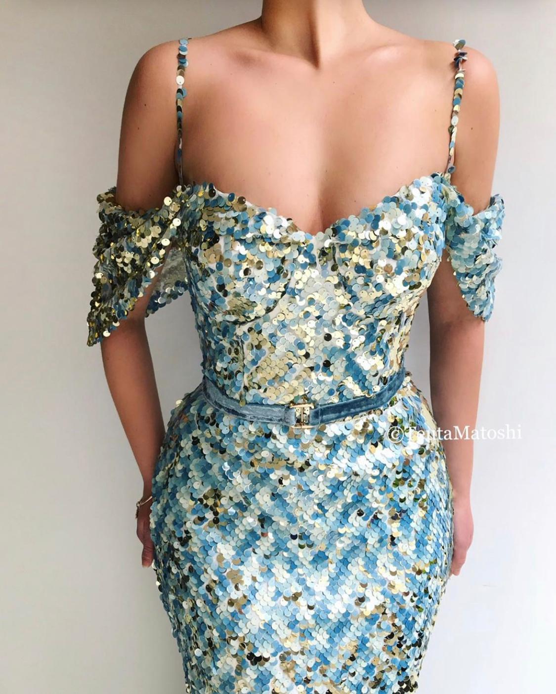 Blue mermaid dress with spaghetti straps, off the shoulder sleeves and sequins