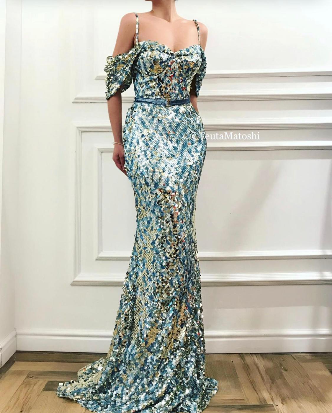 Blue mermaid dress with spaghetti straps, off the shoulder sleeves and sequins