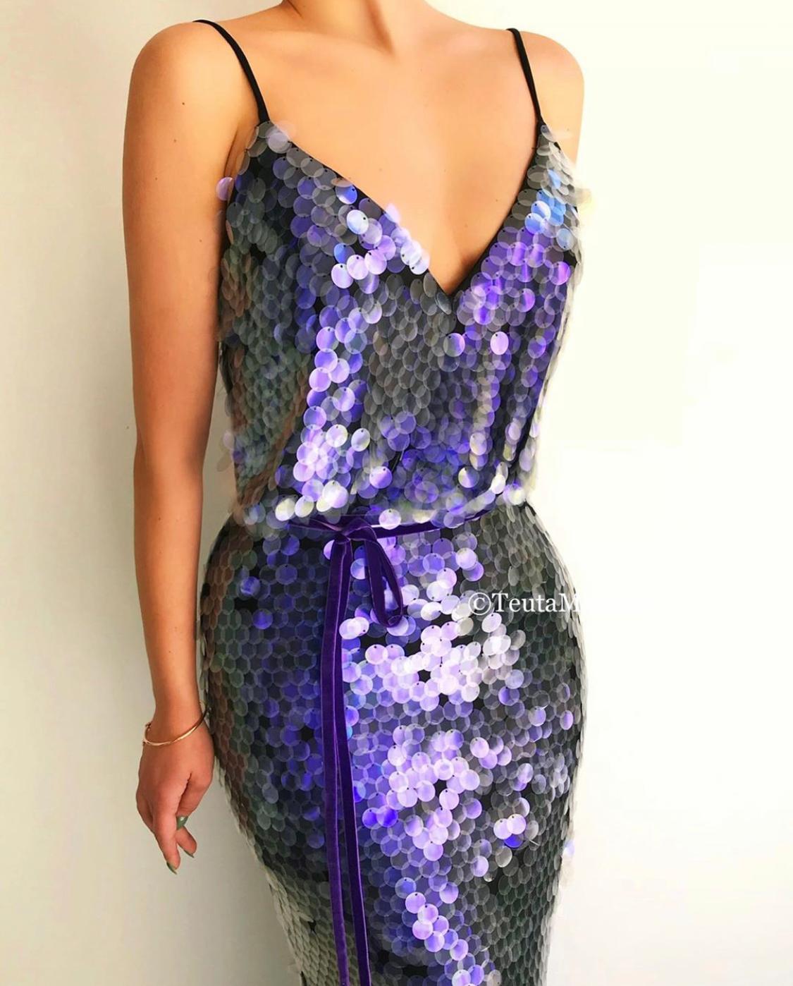 Purple mermaid dress with spaghetti straps and sequins