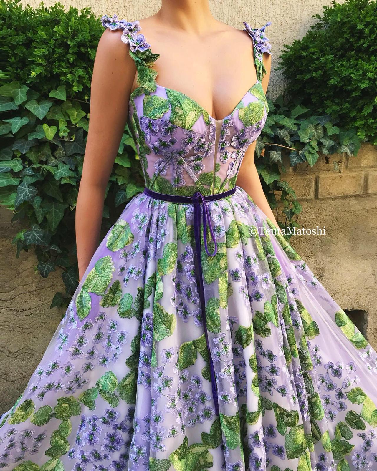 Purple A-Line dress with spaghetti straps, embroidery and printed flowers