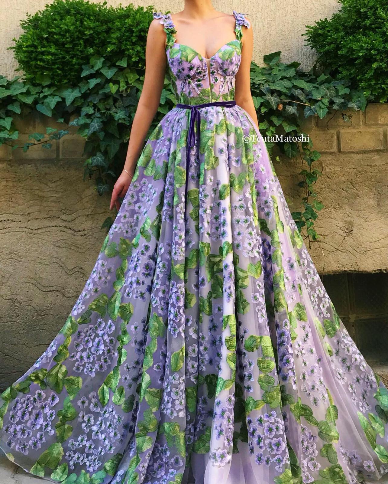 Purple A-Line dress with spaghetti straps, embroidery and printed flowers
