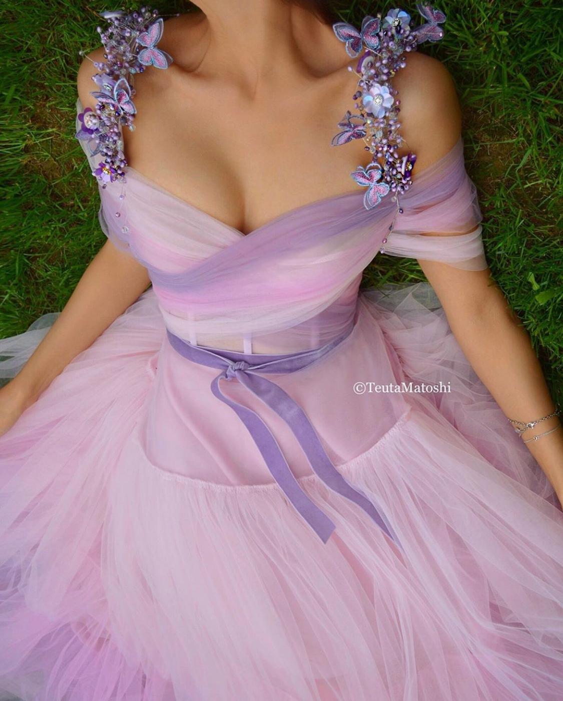 Purple A-Line dress with straps and embroidery