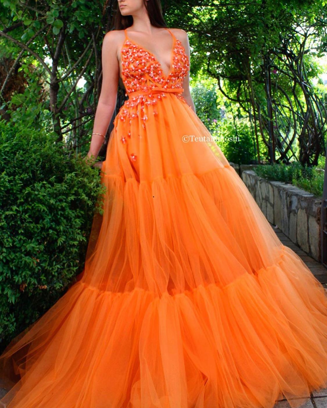 Orange A-Line dress with v-neck, spaghetti straps and embroidery