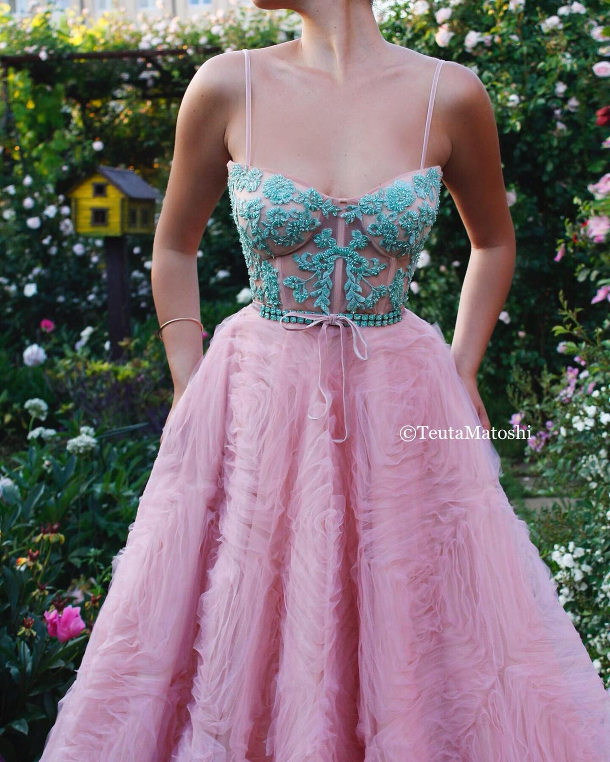 Pink A-Line dress with embroidery and spaghetti straps