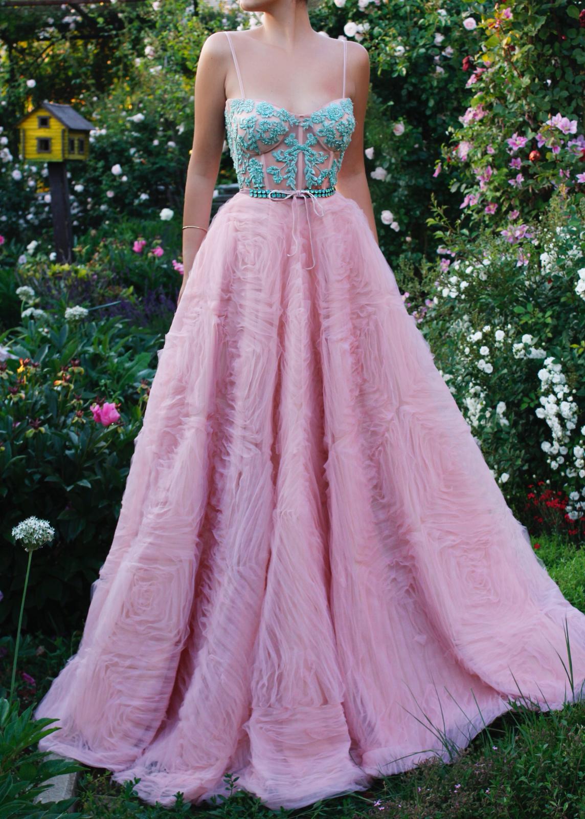 Pink A-Line dress with embroidery and spaghetti straps