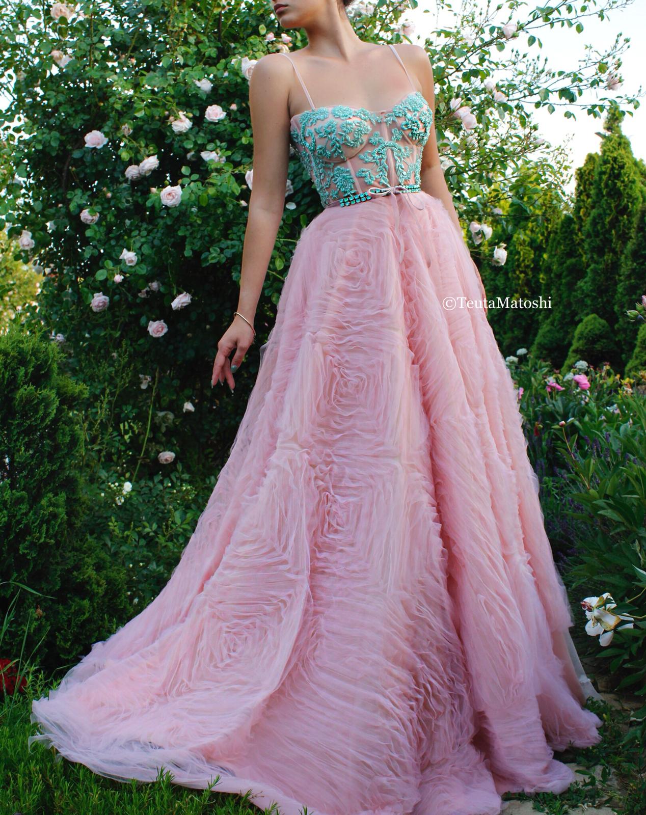 Pink A-Line dress with embroidery and spaghetti straps