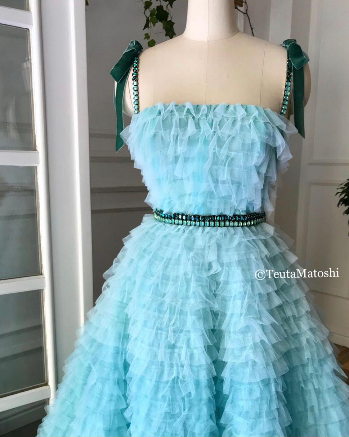 Blue A-Line dress with spaghetti straps and embroidery