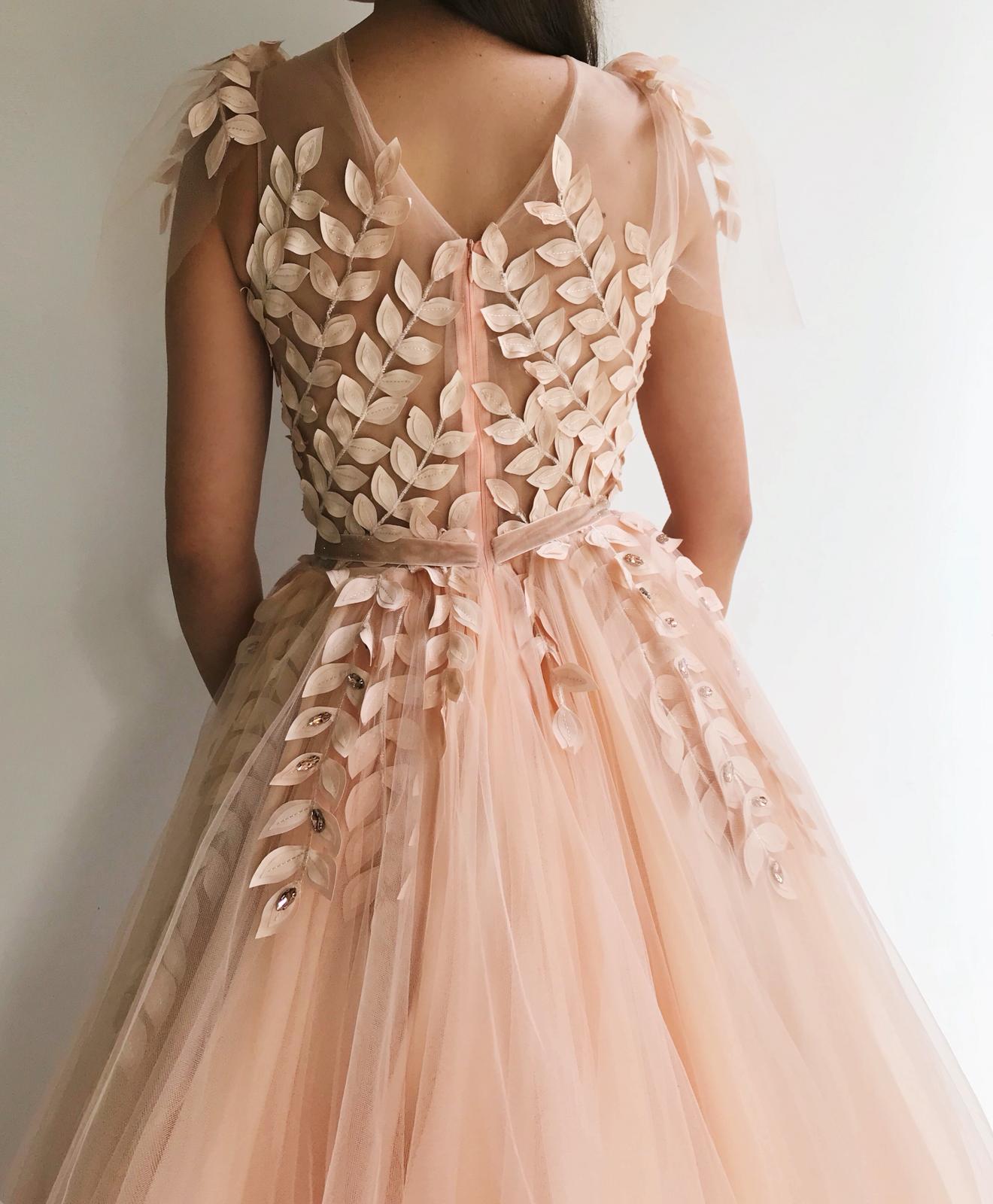 Peach A-Line dress with no sleeves and embroidery