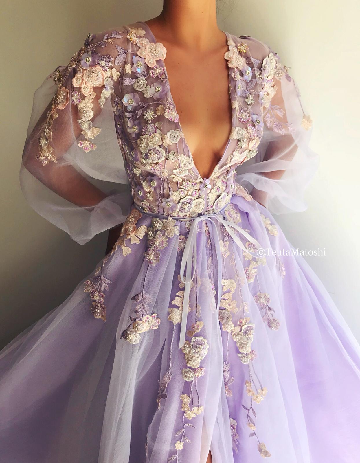 Purple A-Line dress with long sleeves, v-neck and embroidery