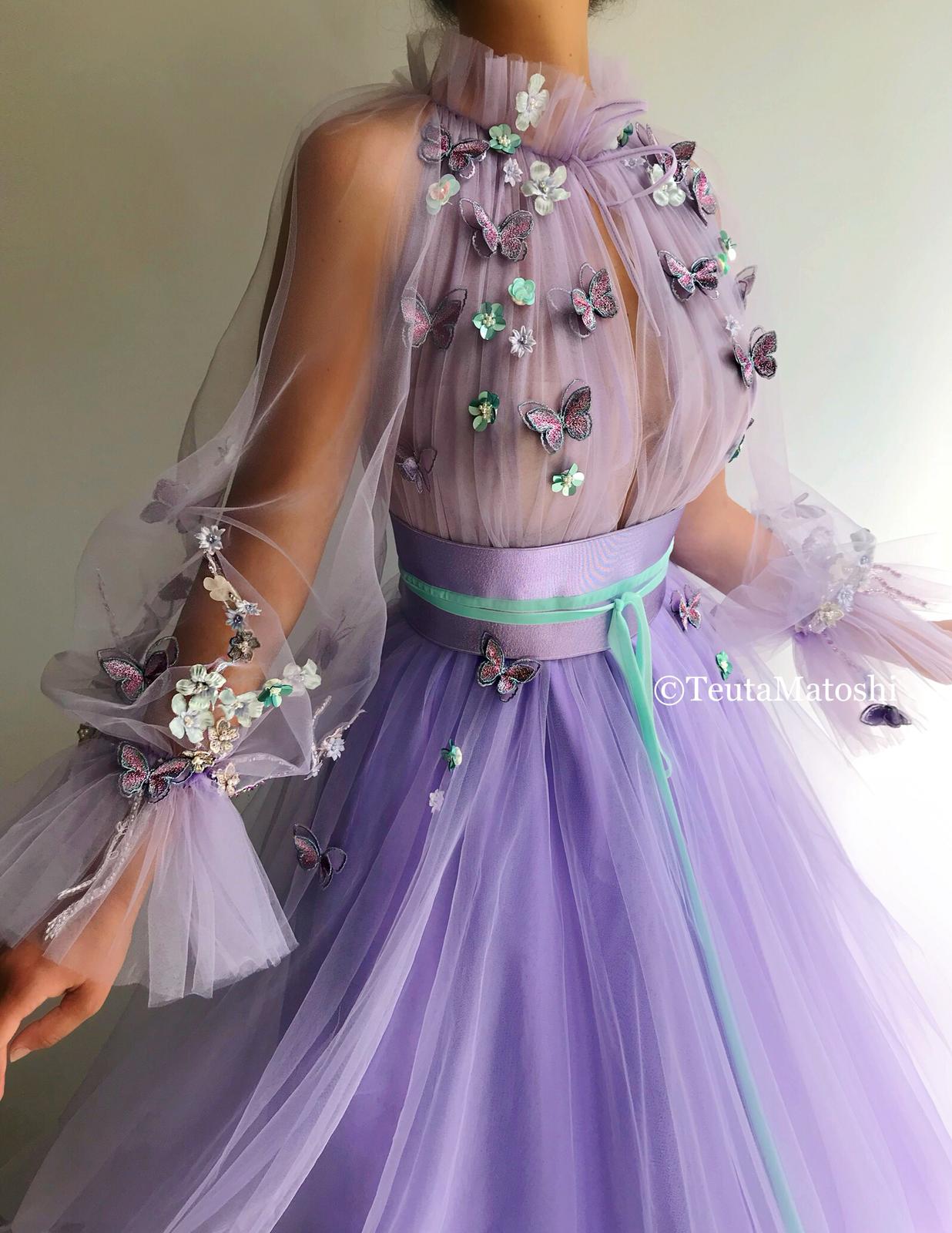 Purple A-Line dress with long sleeves and embroidery