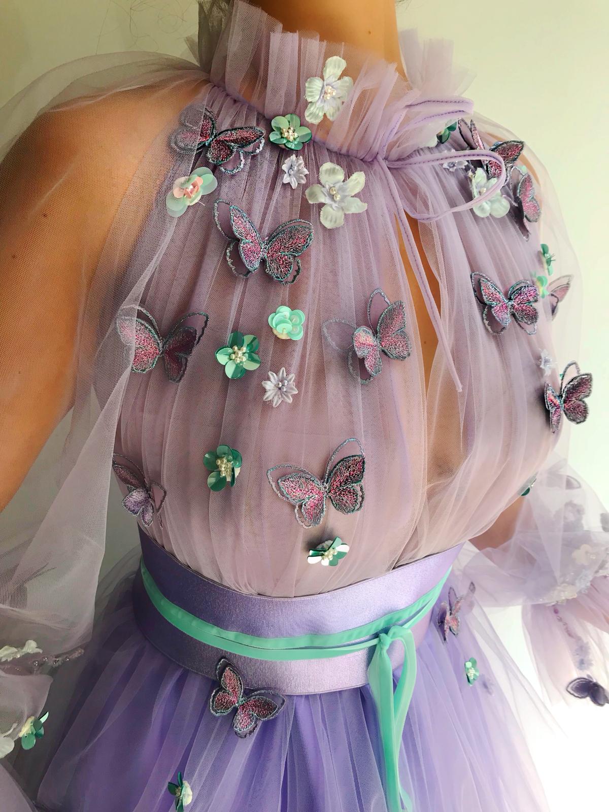 Purple A-Line dress with long sleeves and embroidery