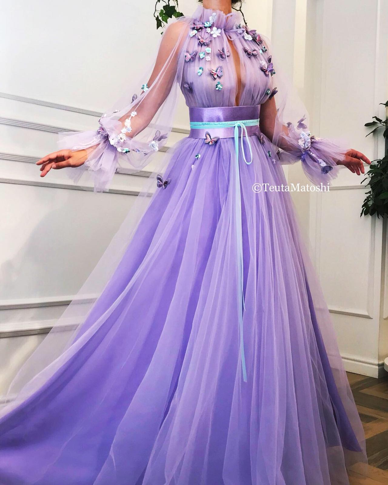Purple A-Line dress with long sleeves and embroidery