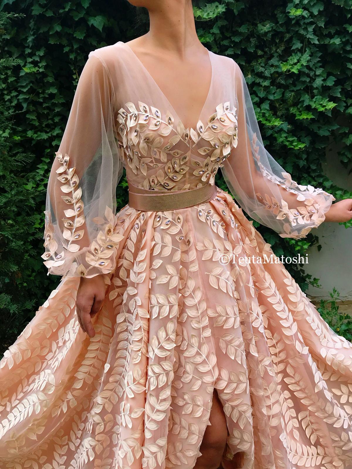 Peach A-Line dress with long sleeves and lace