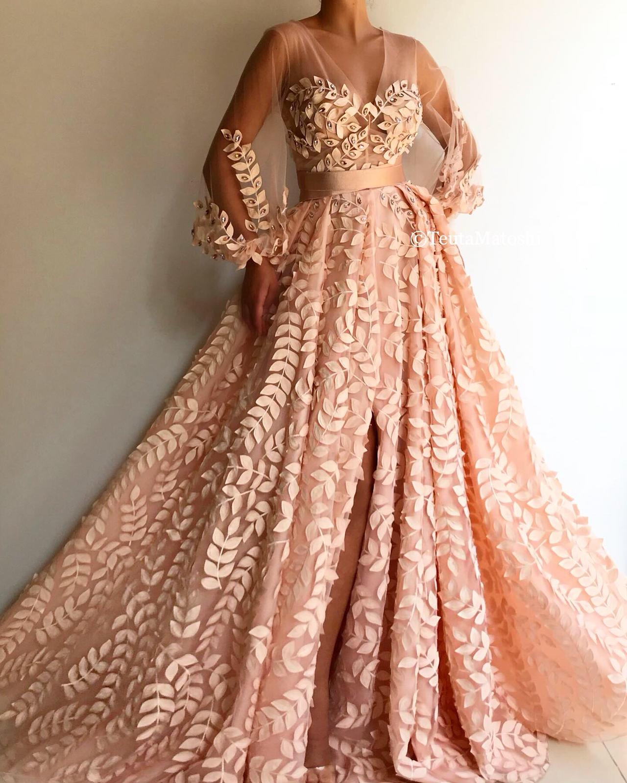 Peach A-Line dress with long sleeves and lace