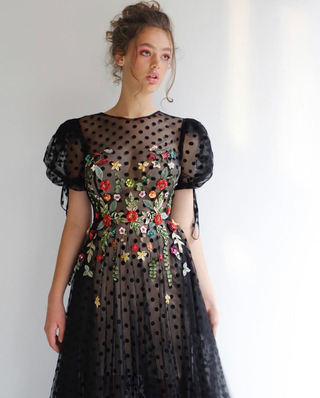 Black A-Line dress with dotted fabric, short sleeves and embroidery