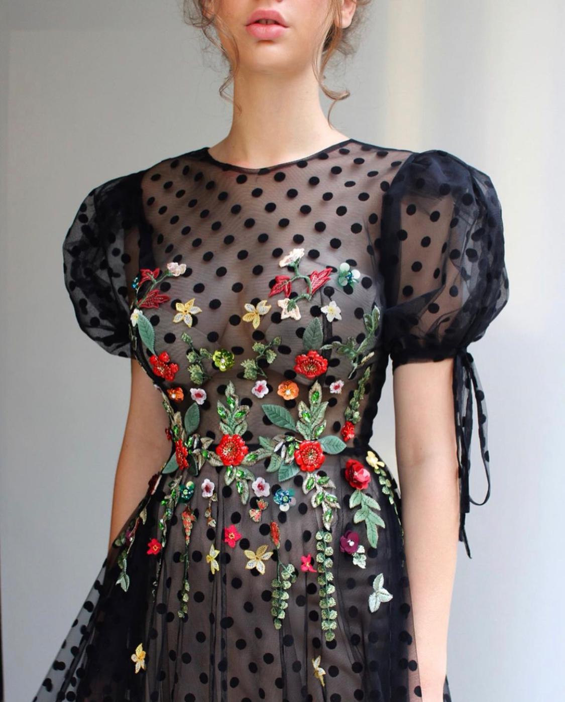 Black A-Line dress with dotted fabric, short sleeves and embroidery
