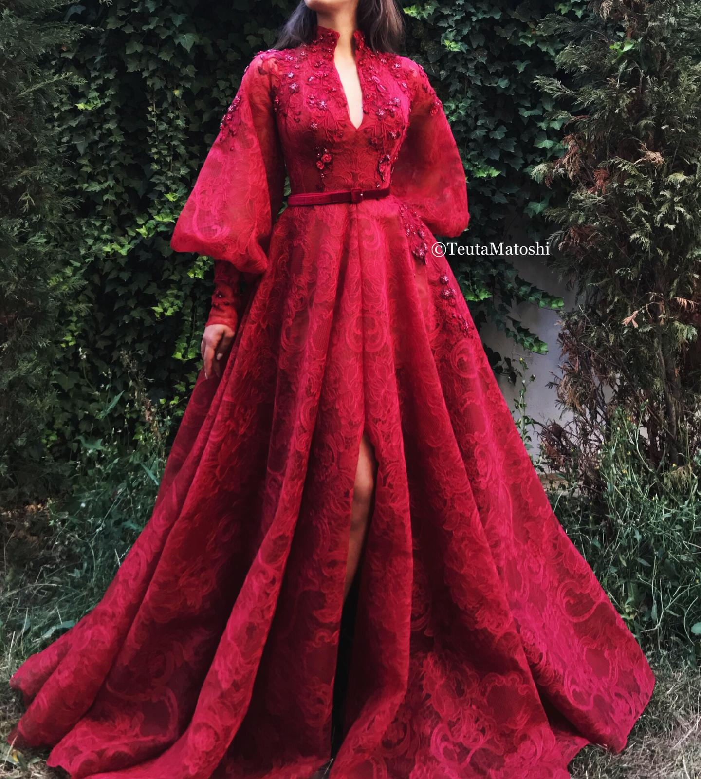 Red A-Line dress with belt, v-neck, long sleeves and embroidery