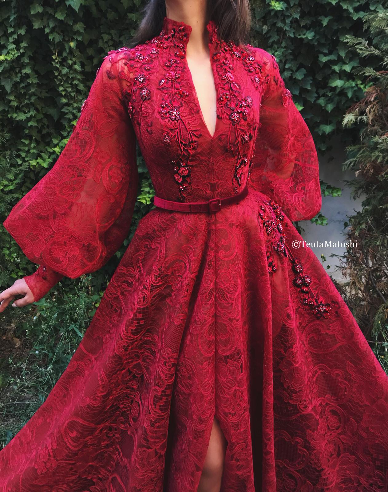 Red A-Line dress with belt, v-neck, long sleeves and embroidery