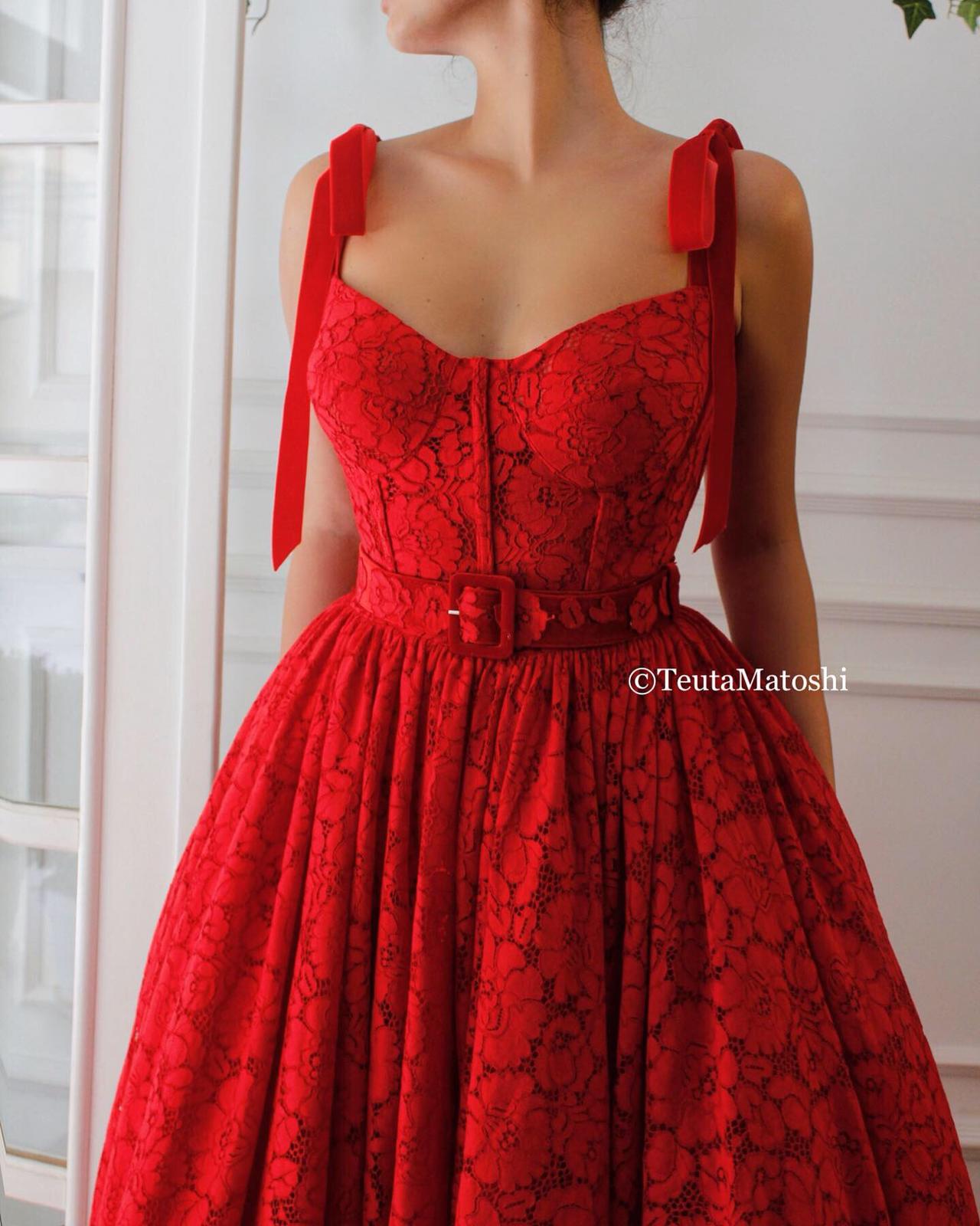 Red A-Line dress with belt and straps