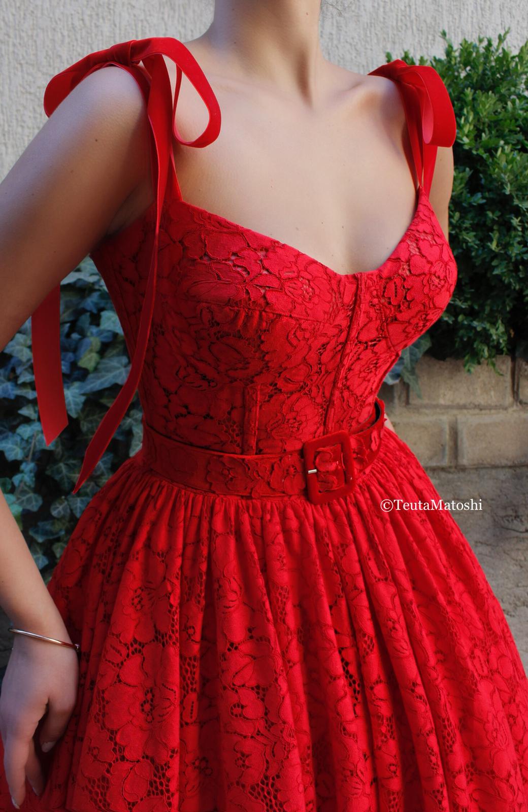 Red A-Line dress with belt and straps