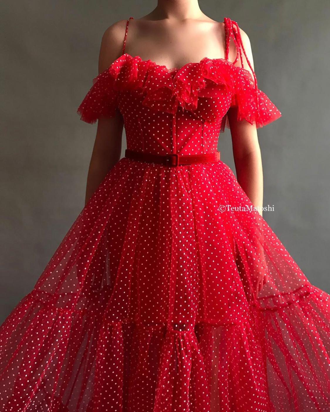 Red A-Line dress with dotted fabric, spaghetti straps and off the shoulder sleeves