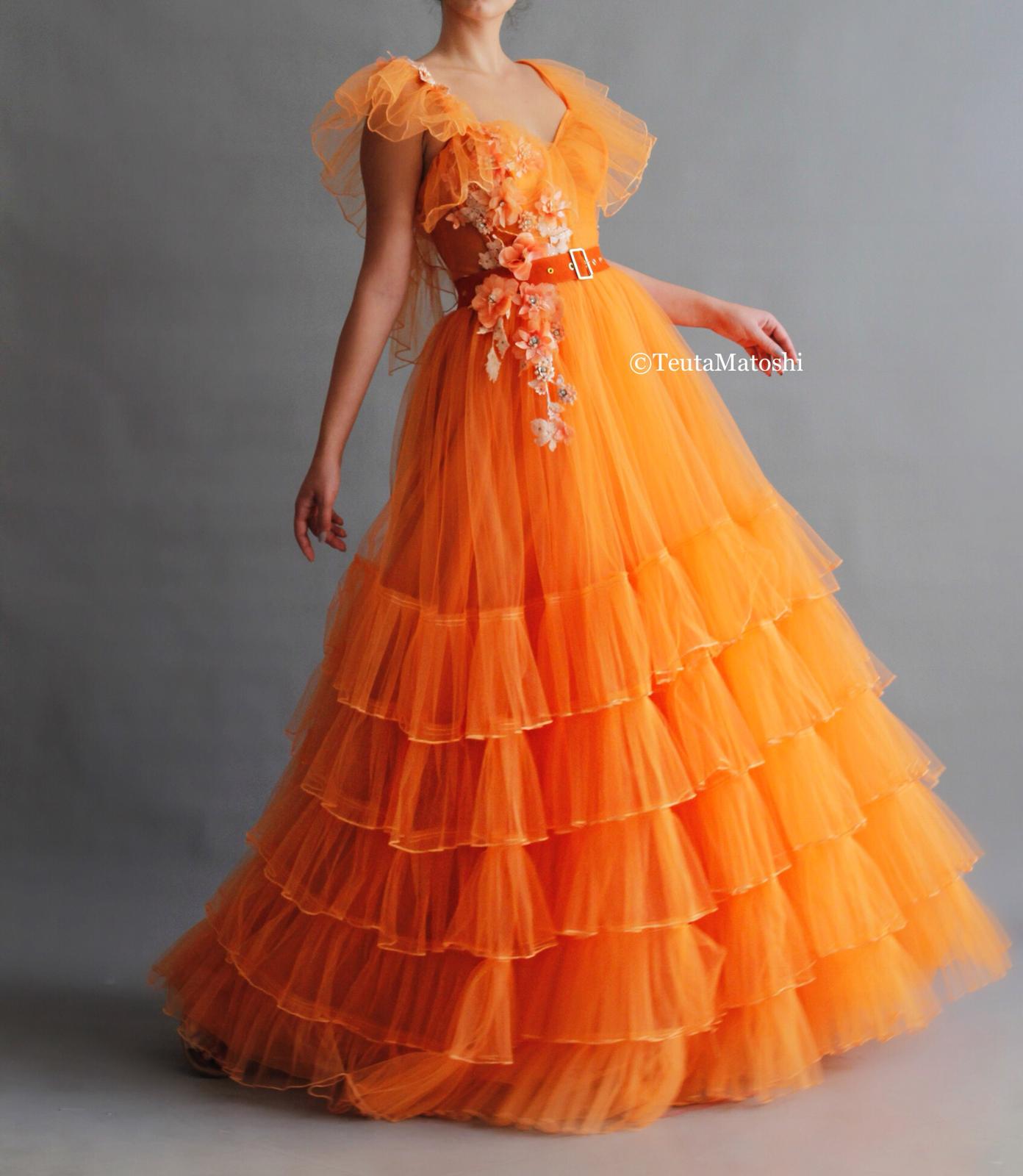 Orange A-Line dress with straps, embroidery and belt
