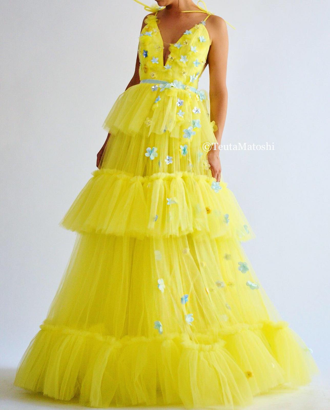 Yellow A-Line dress with embroidery, v-neck and spaghetti straps