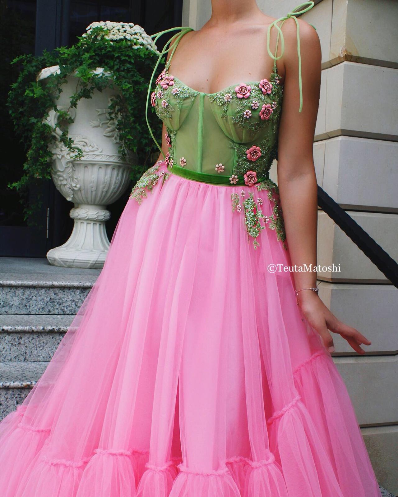 Pink or green A-Line dress with spaghetti straps and embroidery