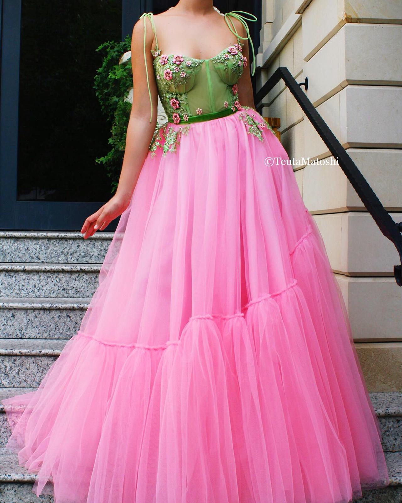 Pink or green A-Line dress with spaghetti straps and embroidery