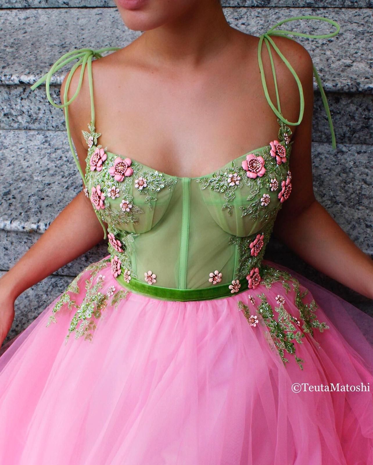 Pink or green A-Line dress with spaghetti straps and embroidery