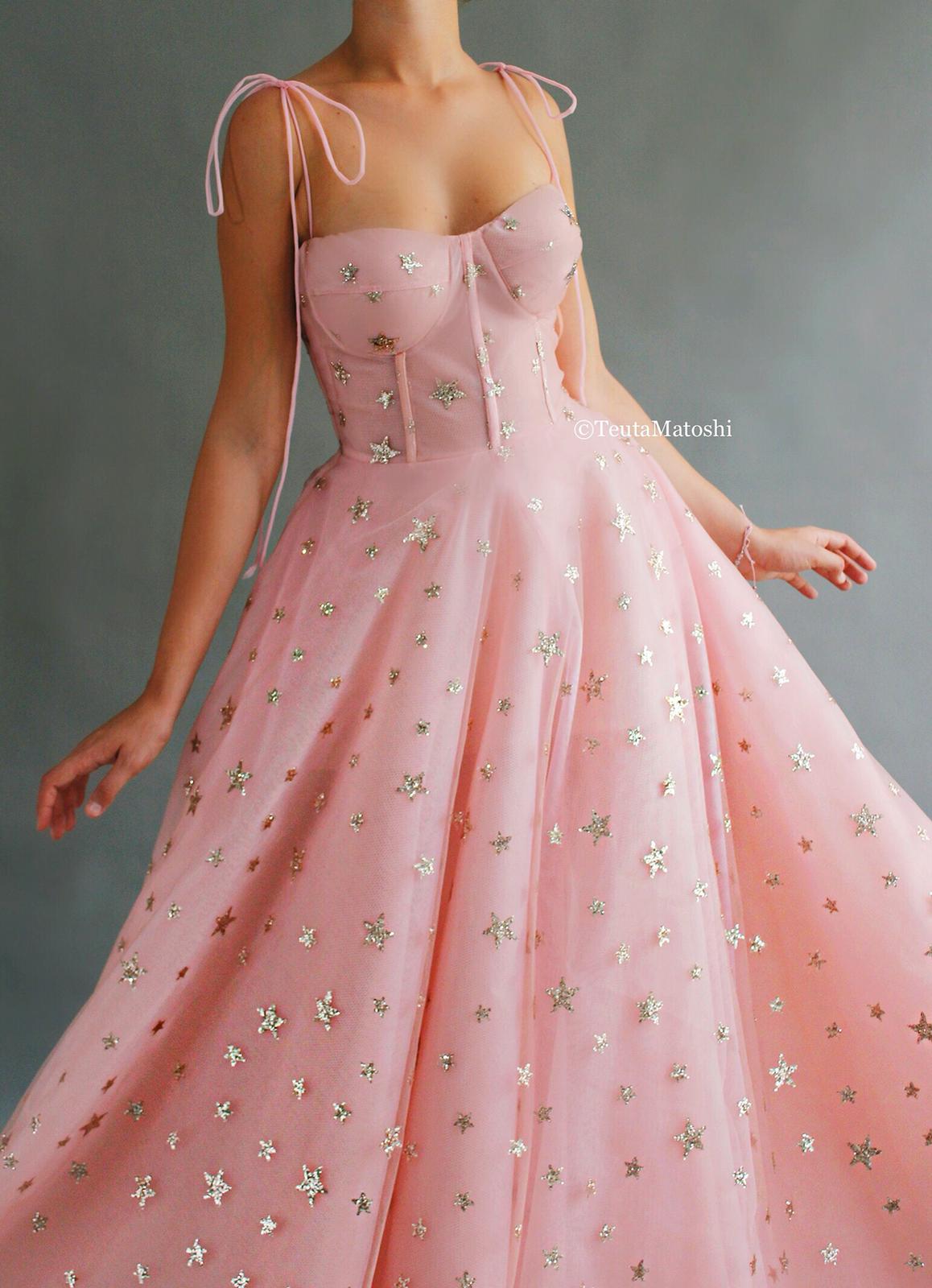 Pink A-Line dress with starry fabric and spaghetti straps