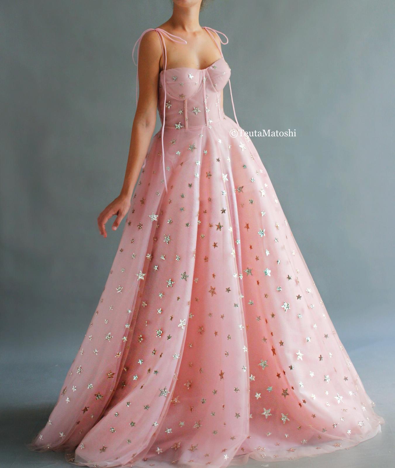 Pink A-Line dress with starry fabric and spaghetti straps