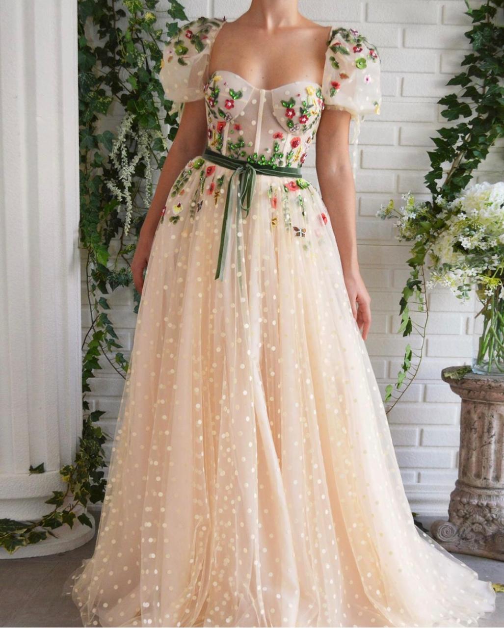 Beige A-Line dress with dotted fabric, short sleeves and embroidery