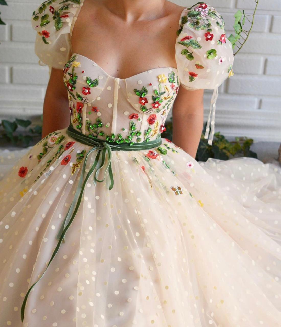 Beige A-Line dress with dotted fabric, short sleeves and embroidery