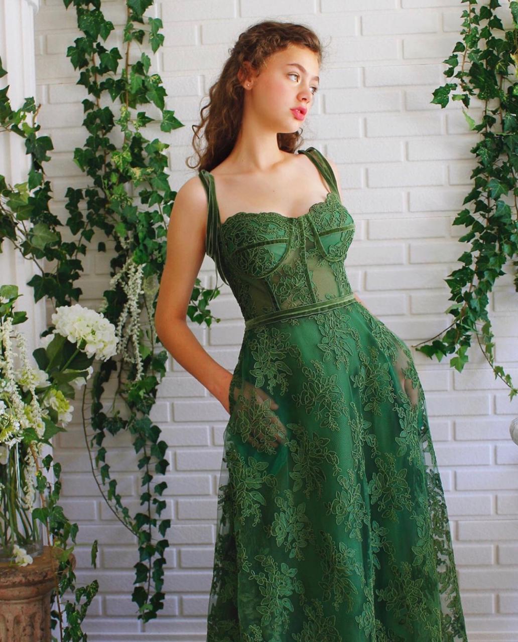 Green A-Line dress with lace and spaghetti straps