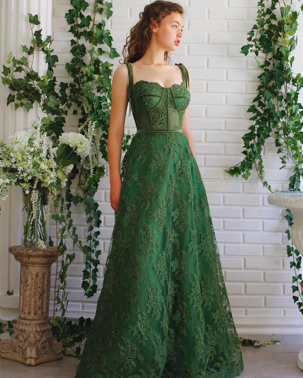 Green A-Line dress with lace and spaghetti straps