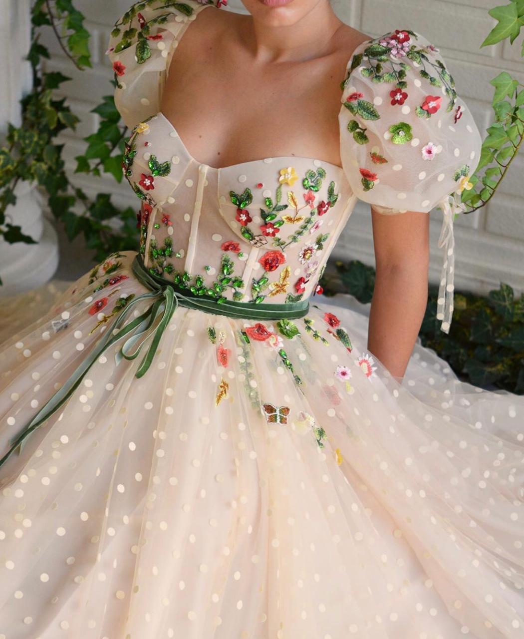 Beige A-Line dress with dotted fabric, short sleeves and embroidery