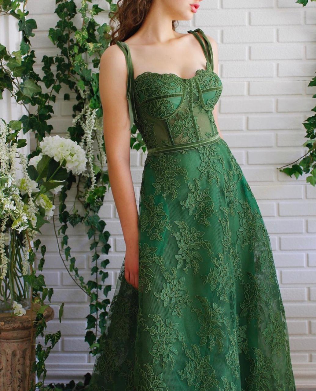 Green A-Line dress with lace and spaghetti straps