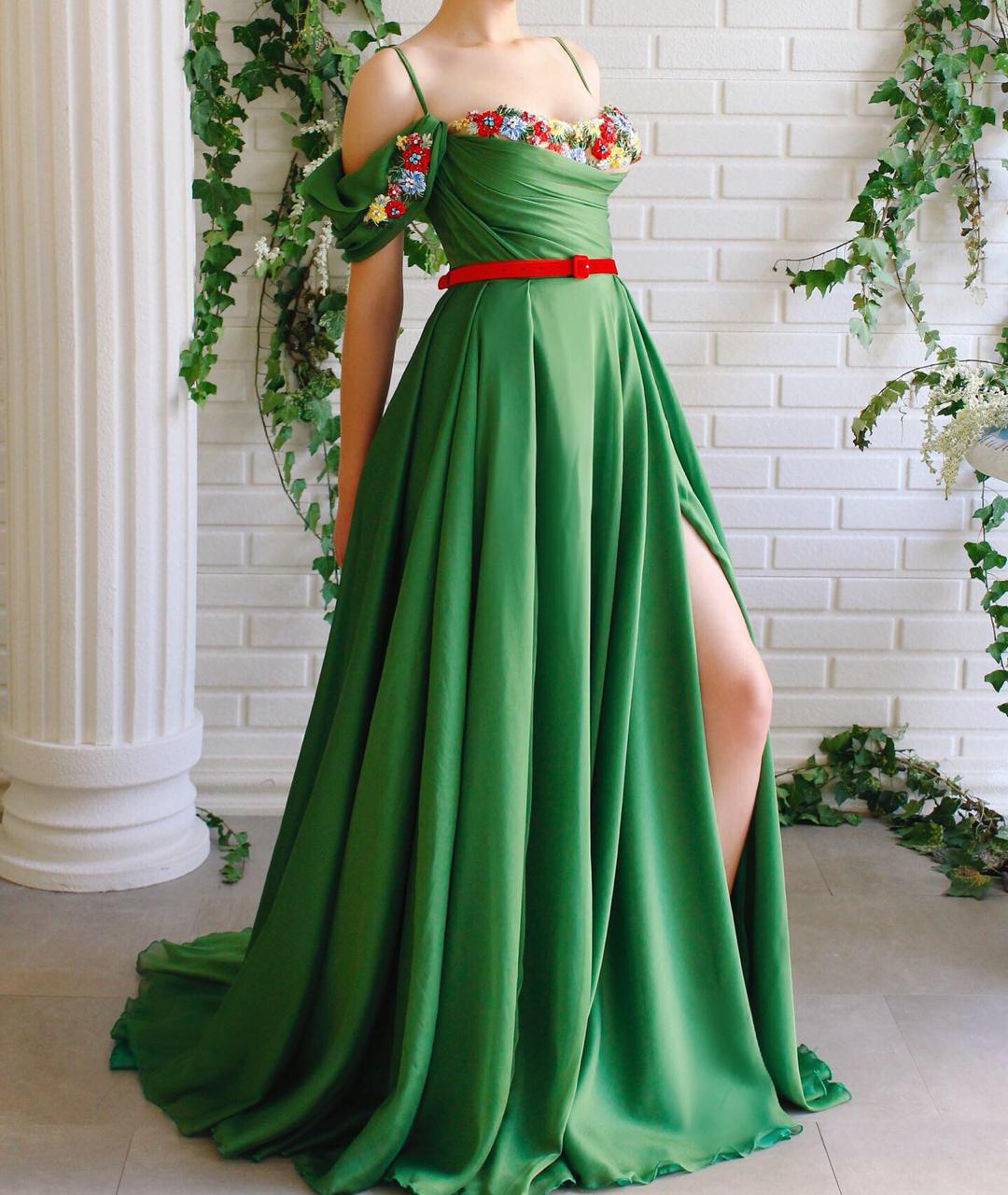 Green A-Line dress with belt, off the shoulder sleeves, spaghetti straps and embroidery