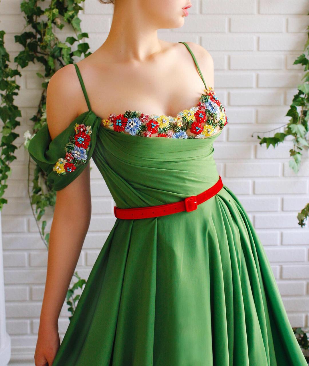 Green A-Line dress with belt, off the shoulder sleeves, spaghetti straps and embroidery