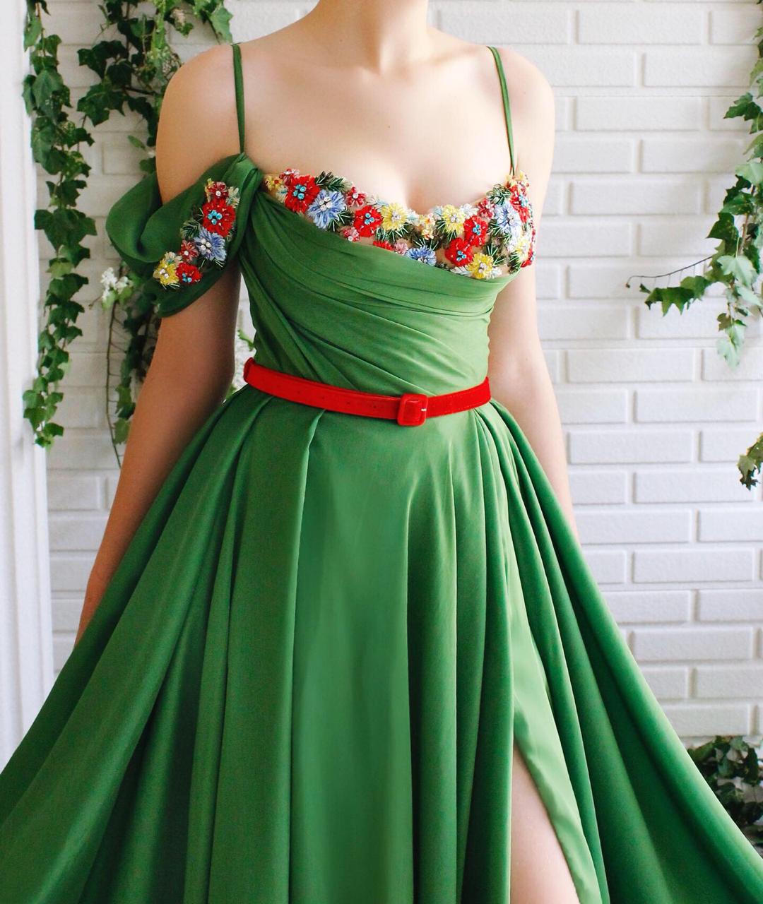 Green A-Line dress with belt, off the shoulder sleeves, spaghetti straps and embroidery